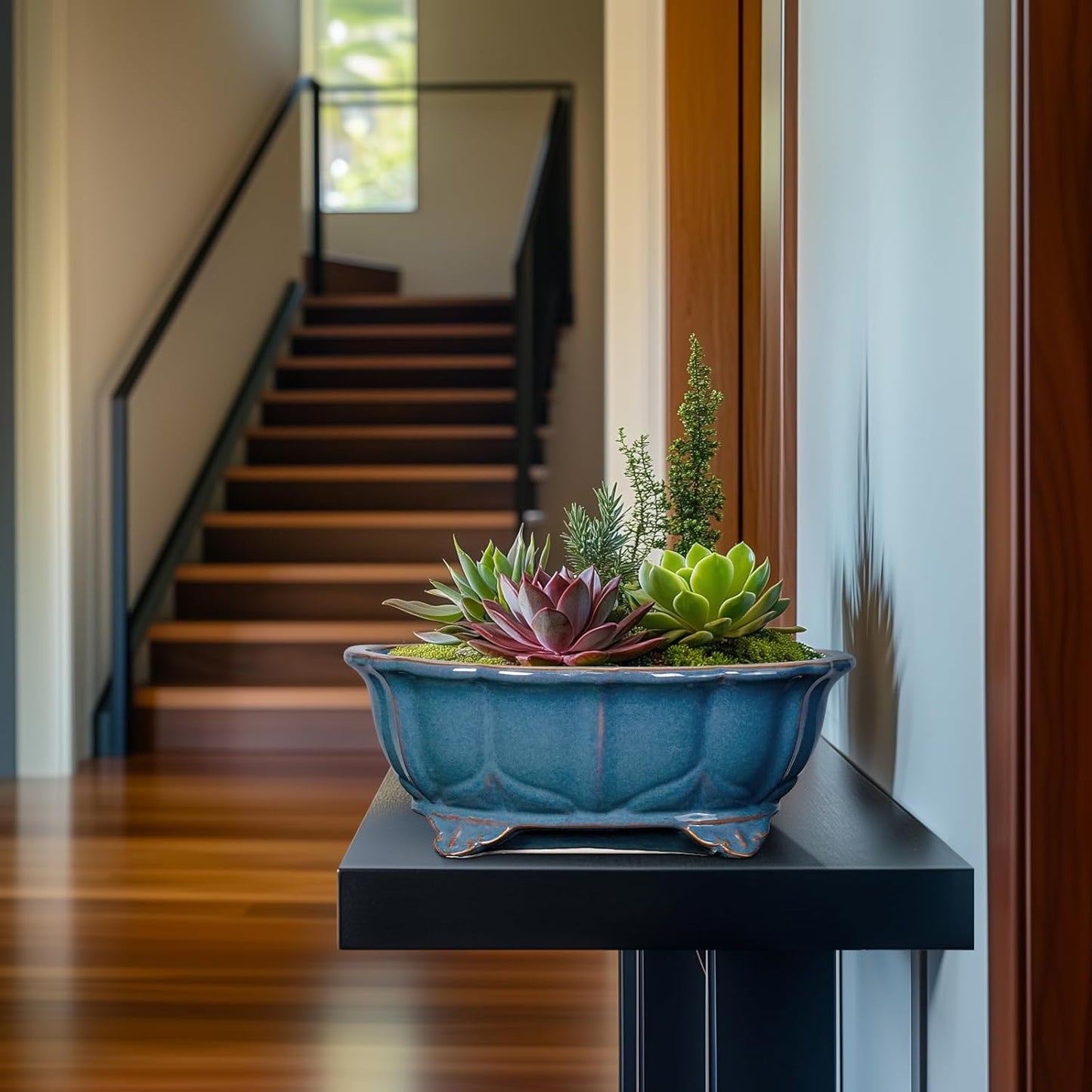 Bonsai Pots - 13.2 Inch Oval Ceramic Pots for Plants, Large Succulent Planter with Drainage Hole, Decorative Planters for Indoor Outdoor, Garden House Decor, Housewarming Gifts, Retro Blue