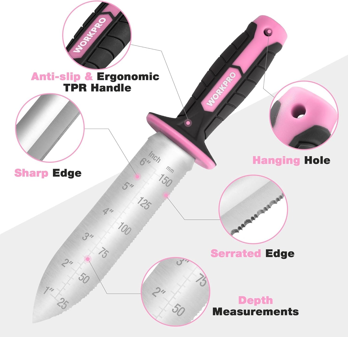 WORKPRO Hori Hori Garden Knife, 7" Stainless Steel Blade with Cutting Edge, Garden Tools with Oxford Sheath, Ergonomic TRP Handle with Hanging Hole for Weeding, Planting, Digging, Pink