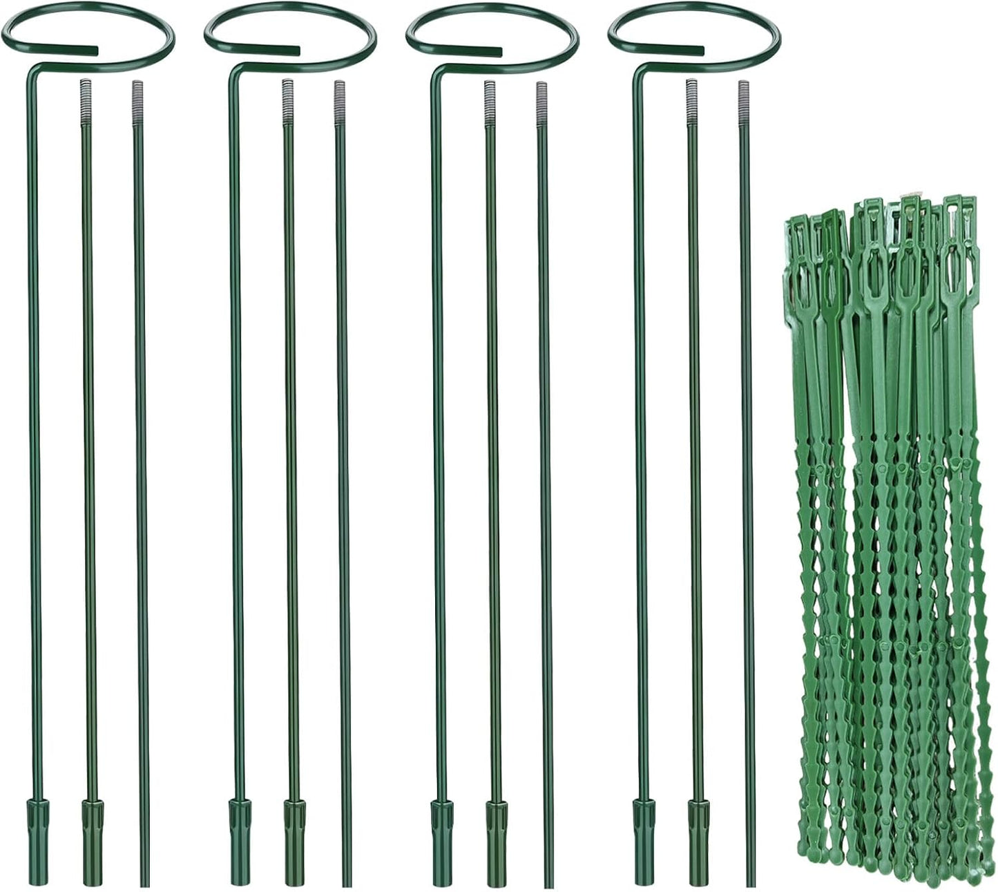 Huakaile 4 Packs Adjustable 35.4" Plant Stakes and Supports with 30 Pieces 9" Twist Ties, Green Plant Holder Stick Outdoor Indoor, Metal Flower Support Stakes Rings for Gardens Vegetables (90 cm)