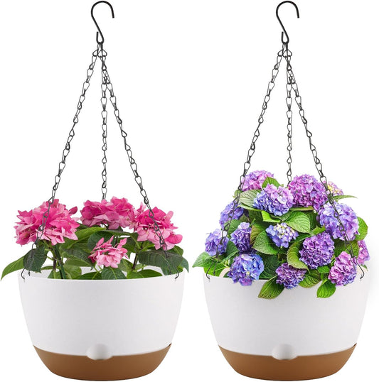10 Inch Hanging Planter, 2 Pack Hanging Plastic Plant Self Watering Pot with Drainage Holes and Saucers, Hanging Baskets Flower Pots for Indoor Outdoor Garden Plants and Flowers-White