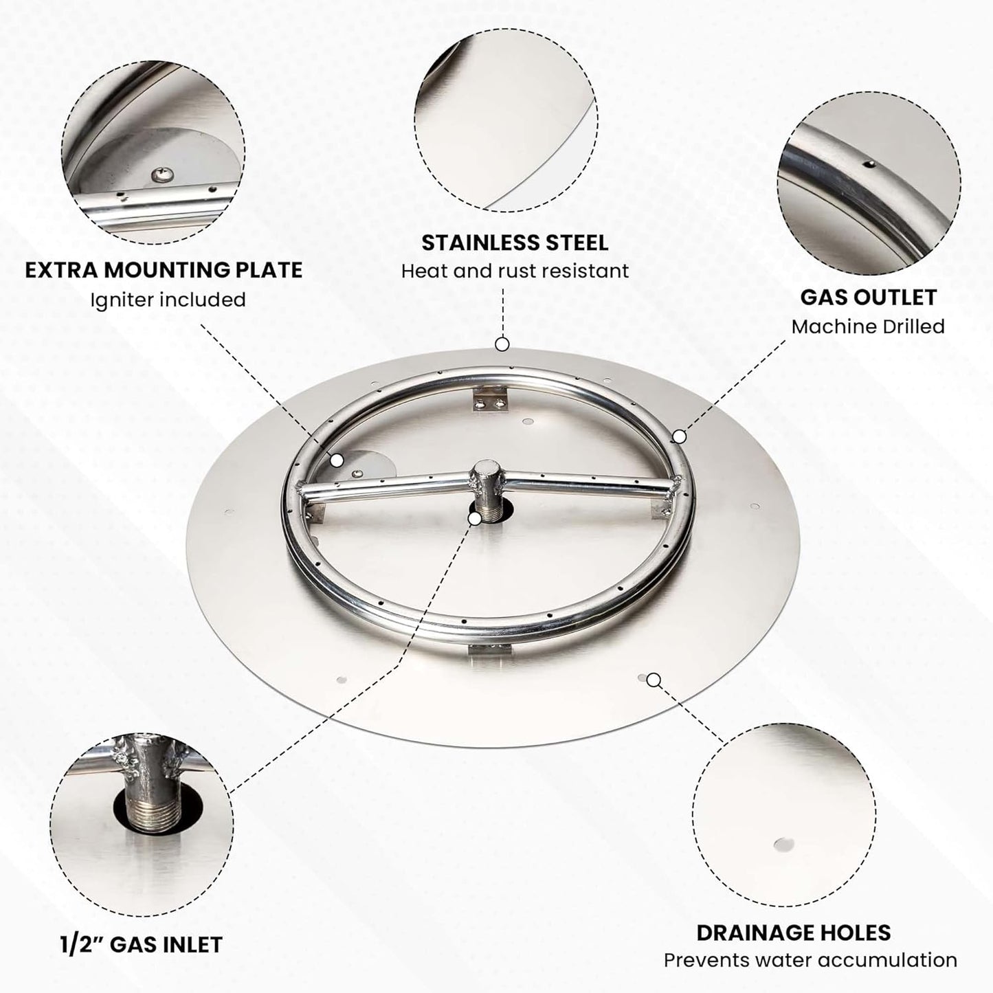 Stainless Steel Fire Pit Burner Pan & Ring Deluxe Kit for Natural Gas, 18-Inch Pan, 12-Inch Ring, 90,000 BTU Max
