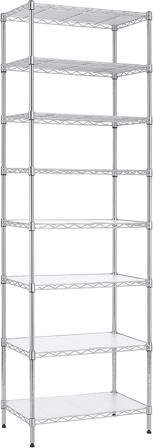 Finnhomy 8-Tier Wire Shelving Unit Adjustable Steel Wire Rack Shelving 8 Shelves Steel Storage Rack or Two 4-Tier Shelving Units with PE mat, Leveling Feet and Safety Device, NSF Certified, Chrome