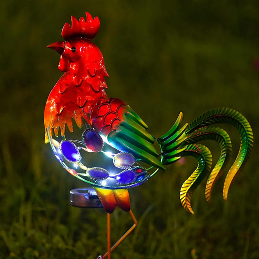 GDF 20" Chicken Decor - Outdoor Rooster Decor Solar Lights -Metal Rooster Garden Decorations for Yard Pathway Lawn Patio Courtyard, Gifts for Her/Him (Updated)