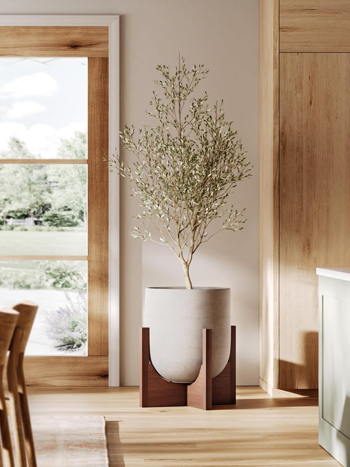 LE TAUCI 12 Inch Plant Pot with Acacia Wood Stand, Ceramic Large Planters for Indoor Plants, Indoor Pots for Plants Office Living Room, Cylinder Planter with Drainage Hole and Plug, Neutral Gray