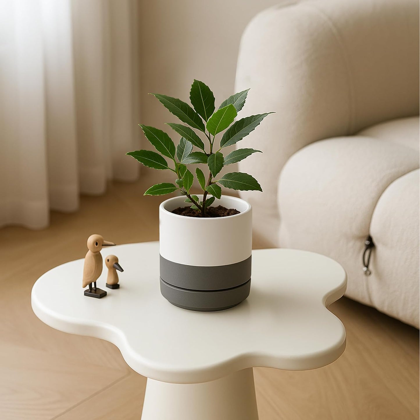D'vine Dev 4.7 Inch Ceramic Planter Pot with Drainage Hole and Saucer, Indoor Cylinder Round Planter Pot, White/Speckled Grey, 94-O-B-6
