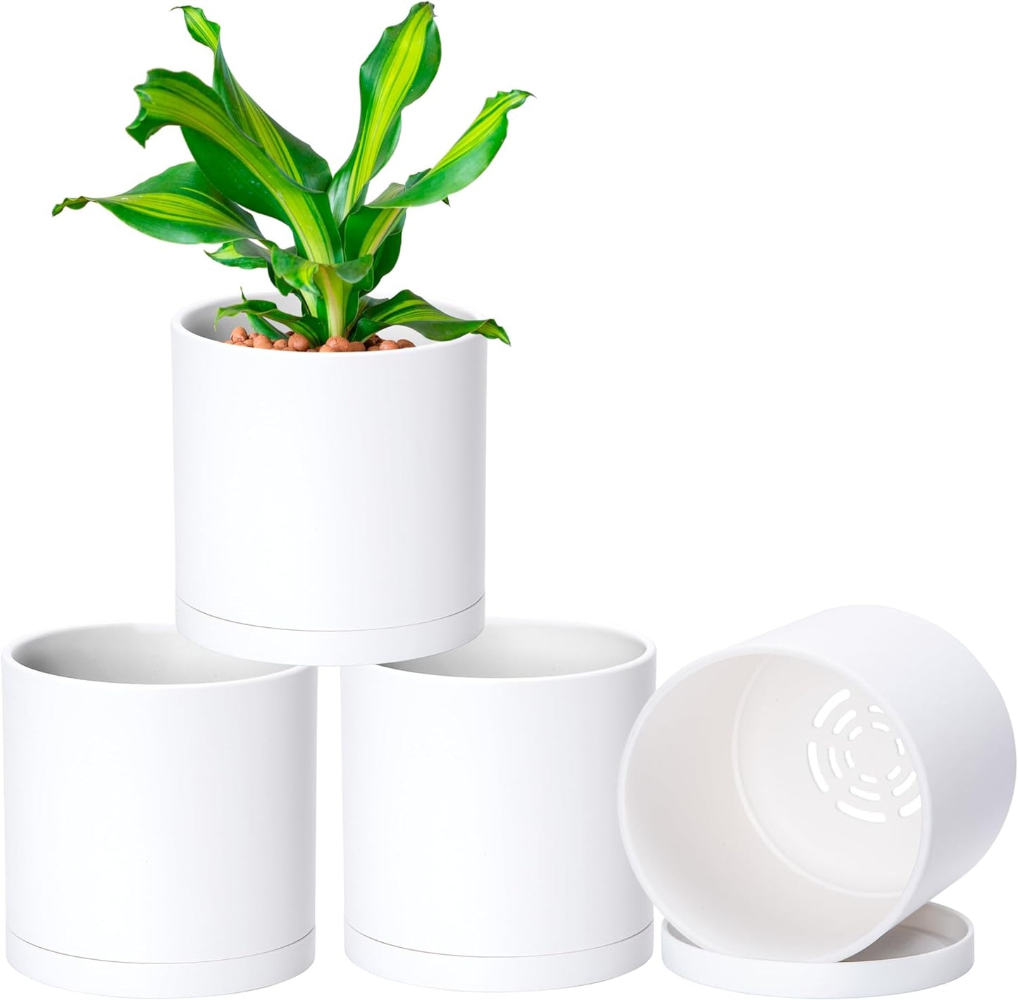 D'vine Dev 4 Pack 5.5 Inch Modern Plastic Plant Pots, Small Garden Planters for Plant with Drainage Holes and Saucers, White Color, 74-Z-H-2