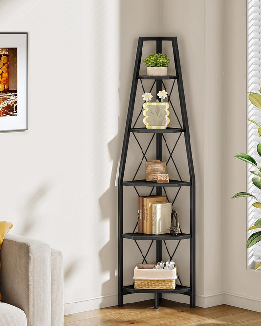 5-Tier Corner Shelf, Corner Bookshelf, Ladder Shelf, Floor Standing Storage Rack, Open Display Stand, Plant Stand, for Living Room, Bedroom, Study, Bathroom, Black TCJ22BB