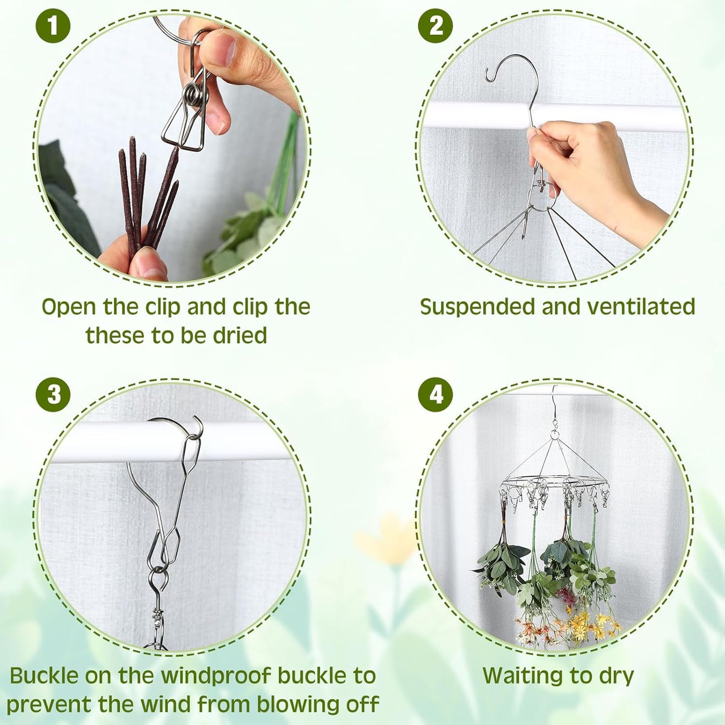 Bokon 4 Pcs Hanging Drying Rack for Herb Macrame Flower with Stainless Clip Dryer Hook for Drying Herb Air Plants Spices Flower Hydroponic Plant Ready to Use with Ceiling Hook(Round)