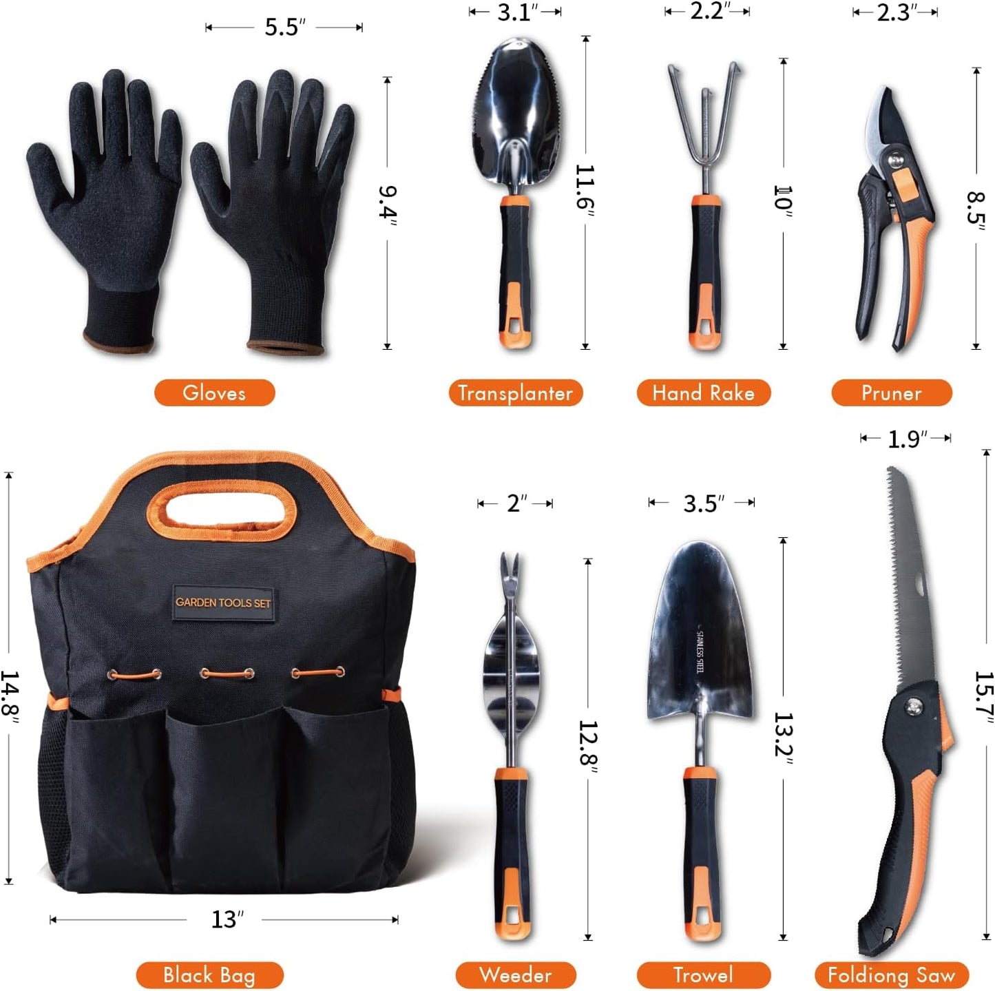 DTRK 8-Piece Large Garden Tool Set 304 Stainless Steel Garden Tool Kit with Handbag,Pruning Shears,Gloves Heavy Duty Gardening Hand Tools with Non-Slip Rubber Grip,Ideal Gifts for Women & Men Orange