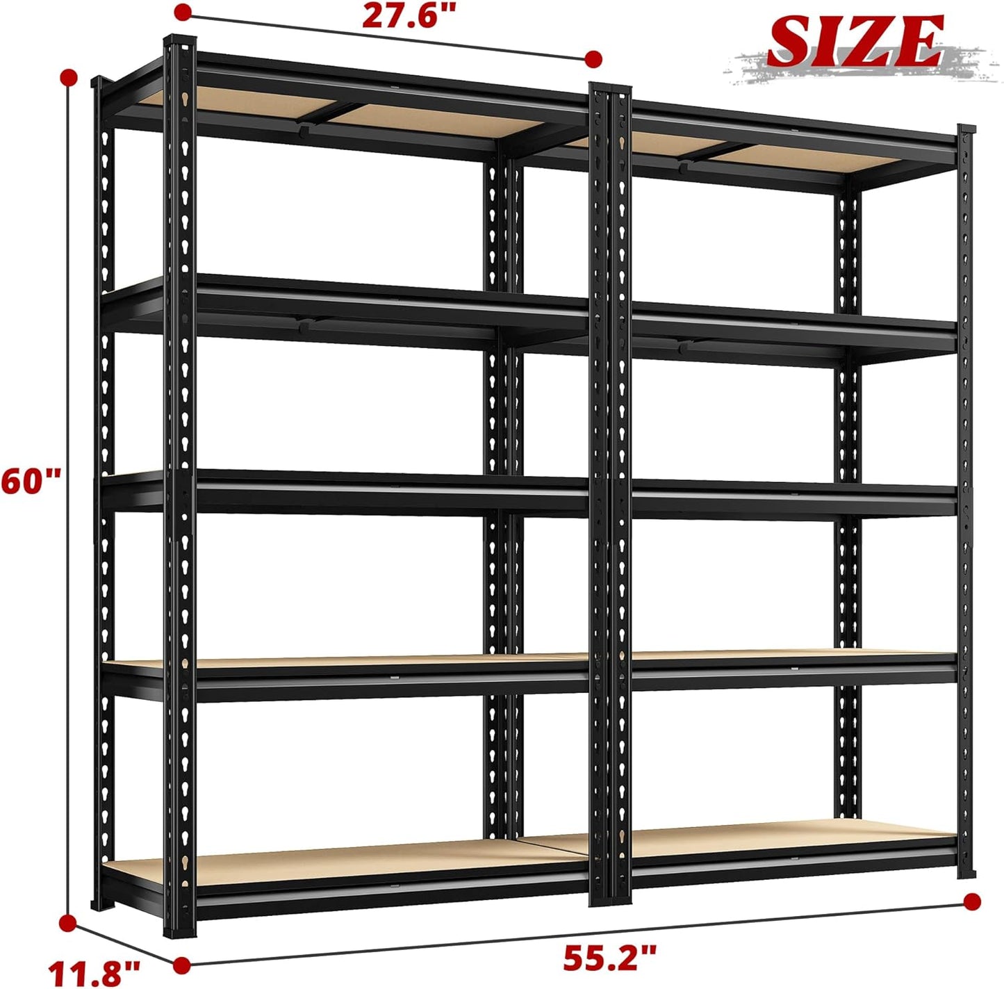 REIBII Set of 2 Storage Shelves 5 Tier Garage Shelving Heavy Duty Metal Shelving 2000LBS Garage Shelves Adjustable Metal Shelf for Kitchen Warehouse Pantry Closet, 27.6" W x 11.8" D x 60" H