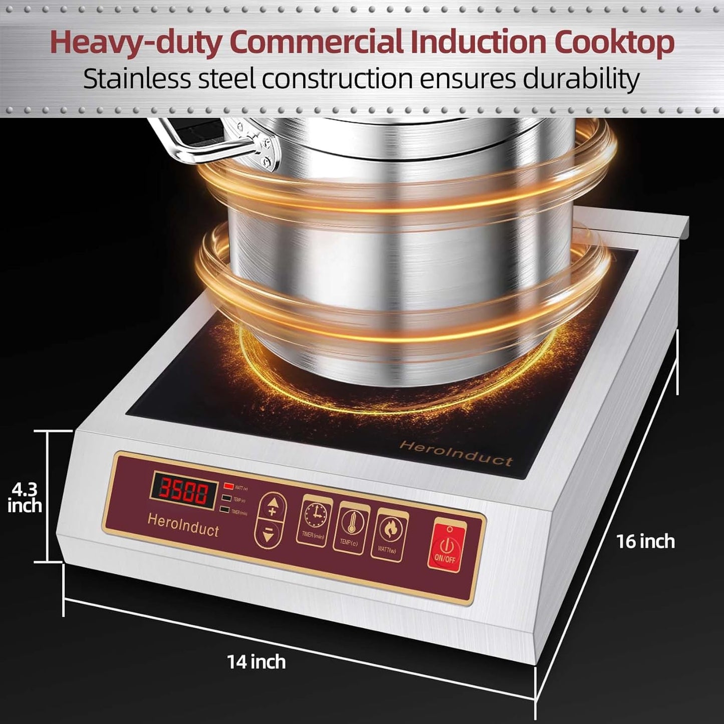 Induction Cooktop 208-240V 3500W Commercial Range Induction Burner Dual IGBT Modules 8 Heating Level Sensor Push-Button Premium Stainless Steel Housing Crystal Glass Electric Cooktop（Red）