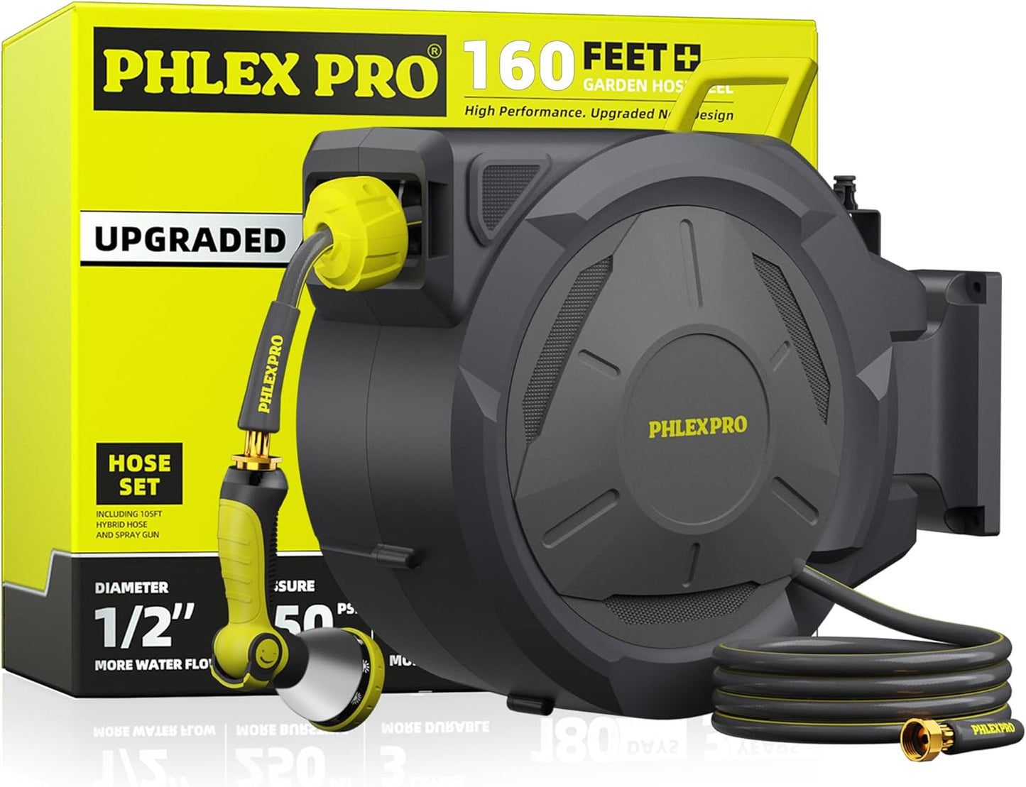 Retractable Garden Hose Reel 160Ft Extra Long, PHLEX PRO Heavy Duty Automatic Water Hose Reel Wall Mounted with 10 Pattern Nozzle, Any Length Lock, Slow Return System, 180°Swivel Bracket