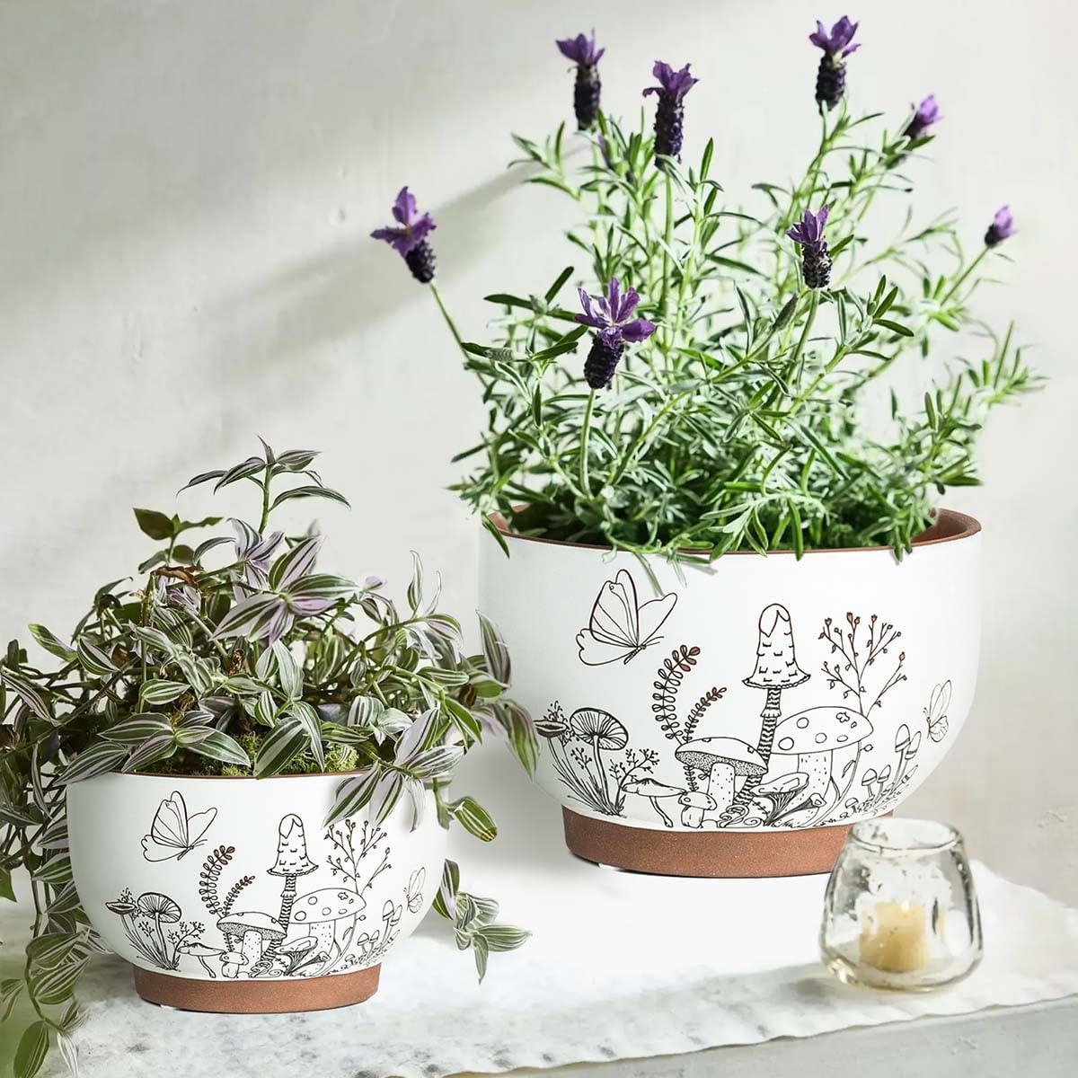 YBX 8 Inch & 6 Inch Terracotta Pots, Plant Pots, Flower Pots for Indoor Plants with Drainage, Planters with Mushroom Accent for Indoor Plants (Cottage)