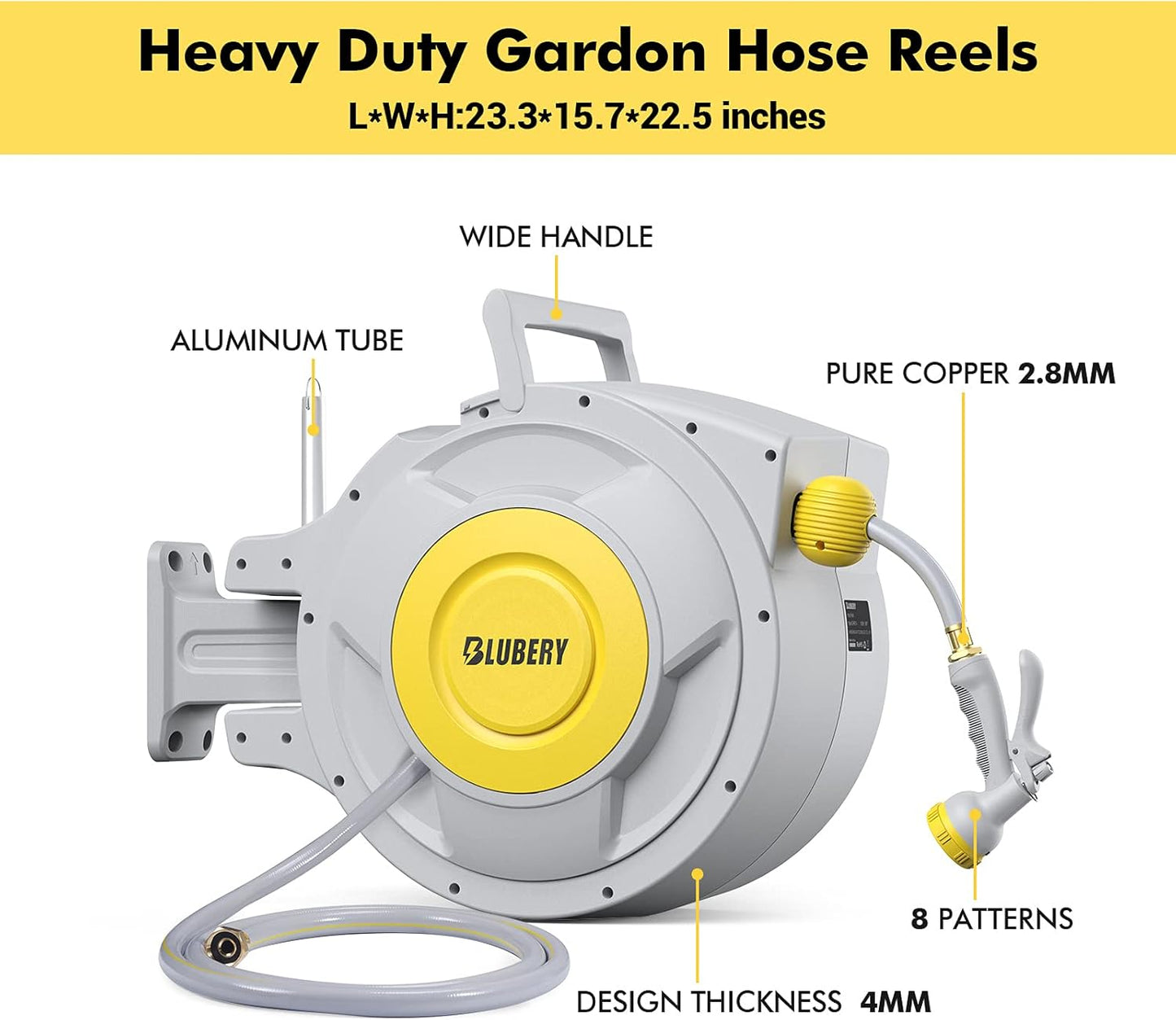 BLUBERY 5/8" x 100+6.7ft Retractable Garden Hose Reel with Slow Return System, Heavy-Duty Wall-Mounted 39.3LB, 10" Handle, 180° Swivel Bracket, Any Length Lock