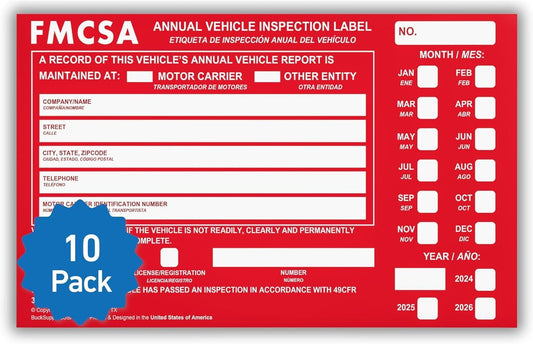 10 Pack Buck Aluminum Annual Vehicle Inspection Label with Punch Boxes, 2 Mil Red FMCSA Self Adhesive Sticker, DOT Compliant, Weatherproof, Tear Resistant, Easy to Write On, 6" x 3.5" - Made in USA