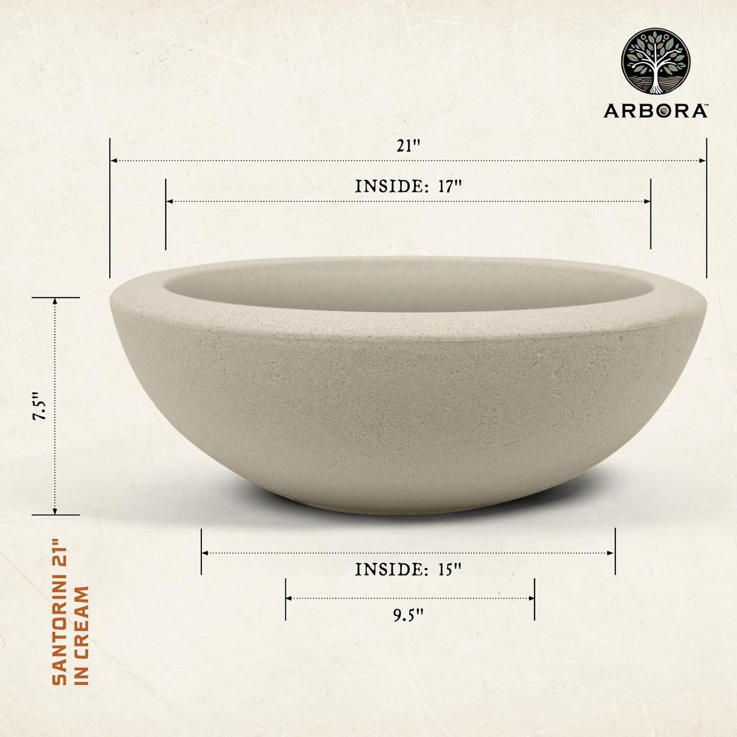 ARBORA 21" Santorini Bowl 2-Pack with Classic Cream Finish - Polyresin Indoor and Outdoor Planter2, Durable, Weatherproof, Lightweight, Large Plant Pots for Patio, Garden, Deck, Entryway