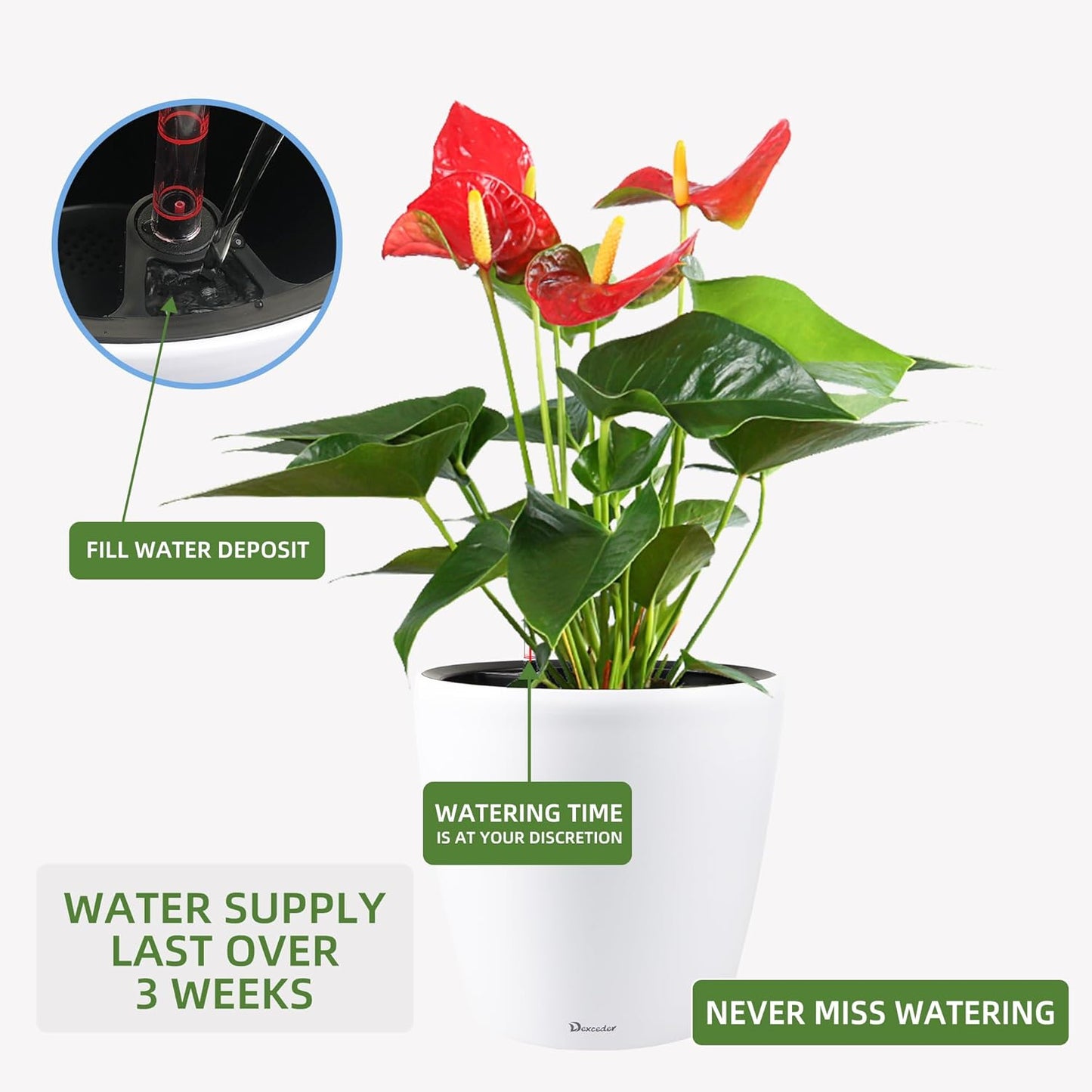 Dexceder 13x12 Self Watering Planter with Wheels Indoor Outdoor, Inner Pot Design, Thickened Large Floor Standing Flower Plant Pot with Water Level Indicator (White Matte)