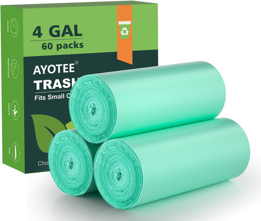 4-6 Gallon Small Trash Bags Compostable Trash Bags,AYOTEE 60 Count Ultra Strong Unscented Garbage Bag Mini TrashBags Waste Basket Liners for Bathroom, Kitchen,Bedroom, Office, Pet, Car(Green)