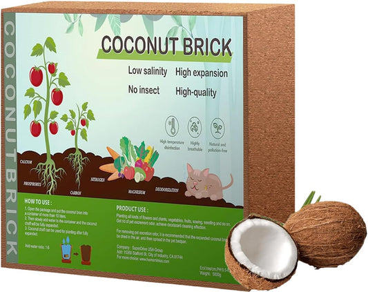 Premium Coco Coir Brick, 11Lbs High Nutrient Compressed Coconut Soil, OMRI 100% Organic Low EC & PH Balanced Potting Soil for All Plants Gardening, Hydroponics and Reptile Substrate 1-Pack