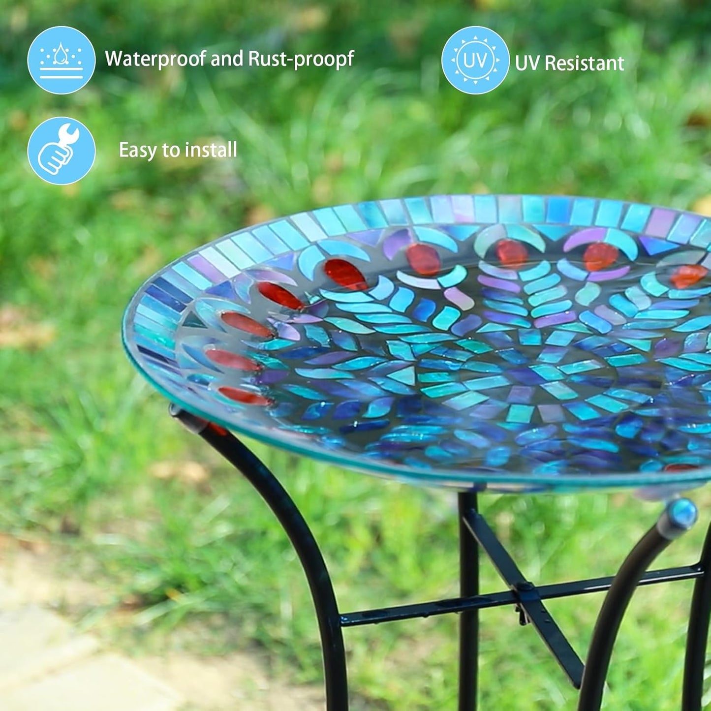 MUMTOP Mosaic Glass Bird Baths, 14 Inch Width Outdoor Garden Peacock Bird Bath Bowl with Metal Stand, Unique Glass Birdbaths Bird Feeder for Yard Decor, 19.68 Inch Height