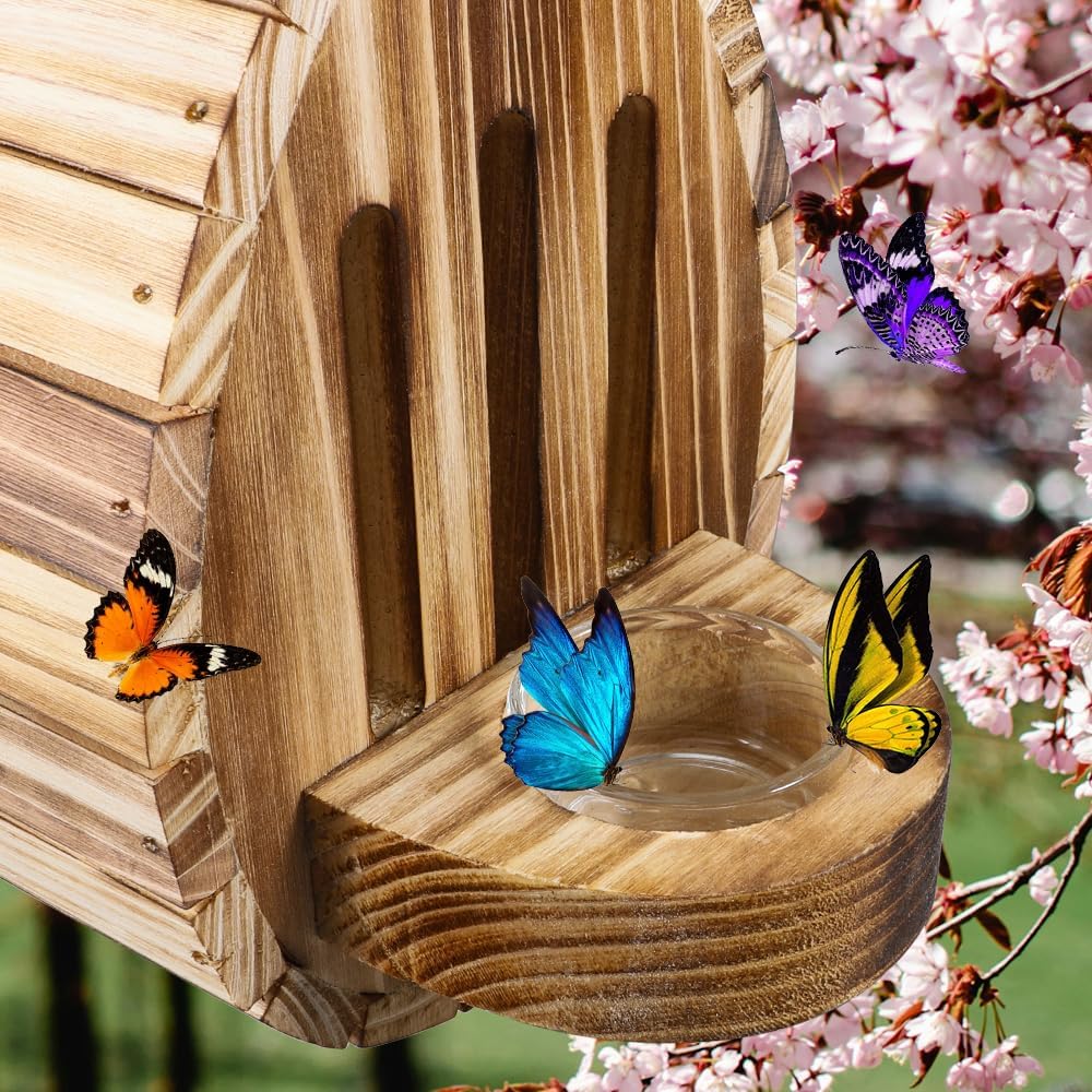 Picowe Wooden Butterfly House - Natural Habitat Nesting Box With Feeder for Butterflies, Bees, Ladybirds - Hanging Garden House for Outside, Open Door