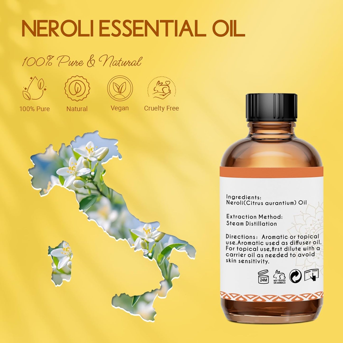Neroli Essential Oil Organic for Skin Diffuser Room Spray, 100% Pure Bitter Orange Blossom Essential Oil Neroli 4 Oz