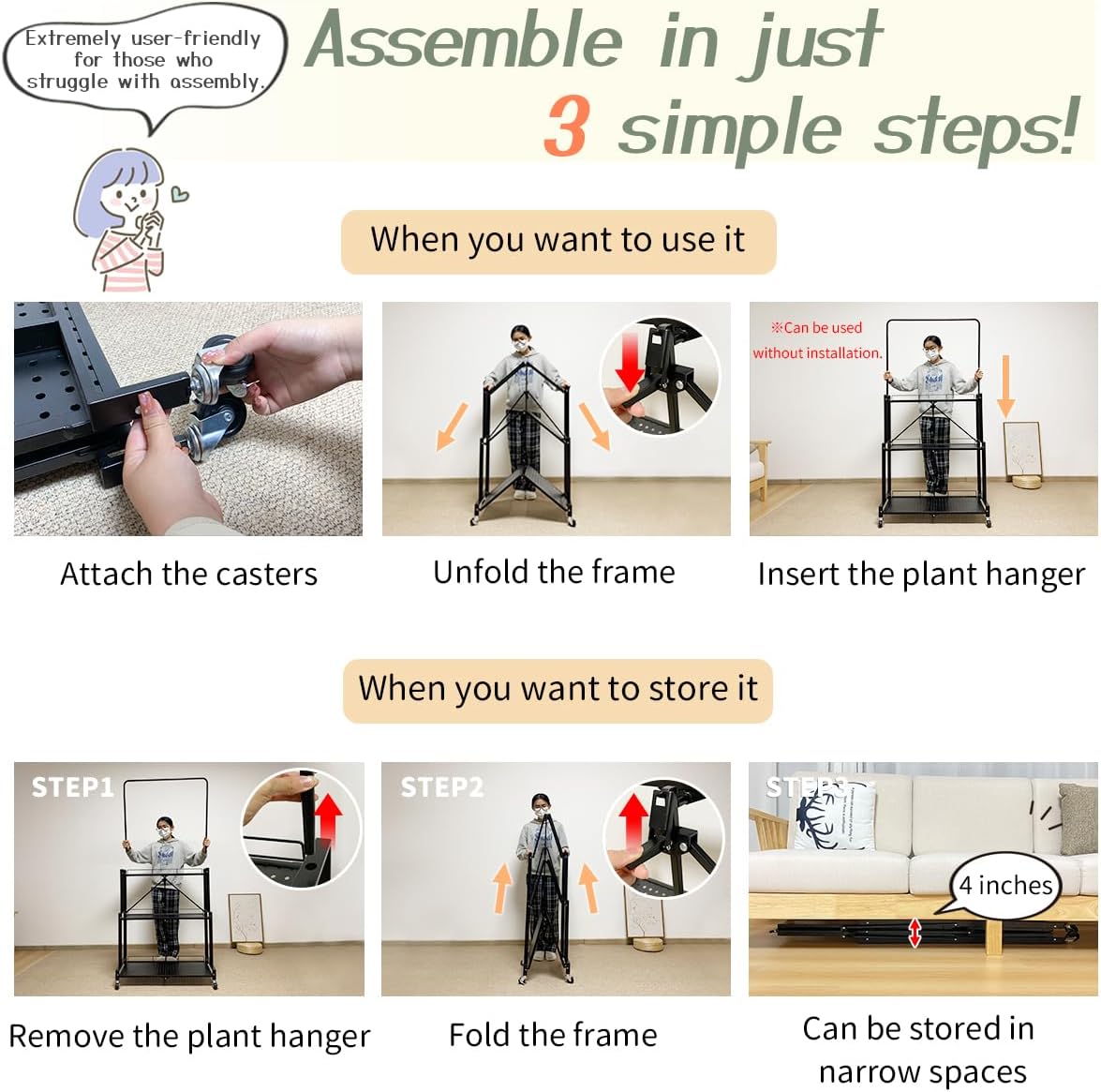 lumizone Foldable 4-Tier Plant Stand Indoor Outdoor Hanging Plant Shelf No Assembly Required Pot Placement Area With Wheels Sturdy Fall Prevention Storage Shelf Flower Pot Stand(4 Tier-White)