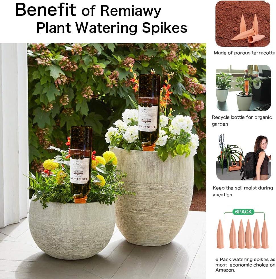 REMIAWY Plant Watering Stakes 6 Pack Automatic Plant Waterers for Vacations, Terracotta Self Watering Spikes for Wine Bottles Indoor & Outdoor Plants