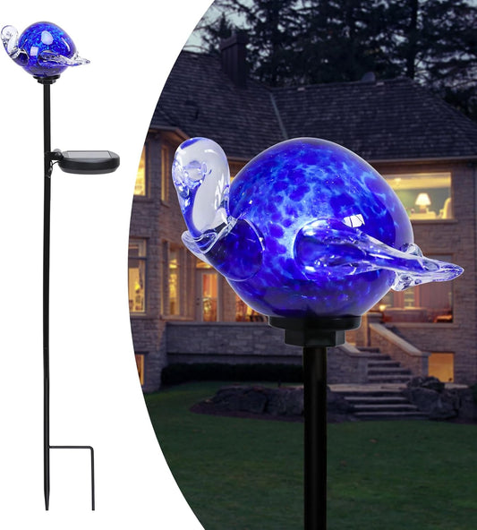 Afirst Decorative Solar Lights Outdoor Solar Turtle Stake Lights Hand Blown Glass Decorative Garden Pathway Light Outdoor Waterproof Glass Stakes Blue