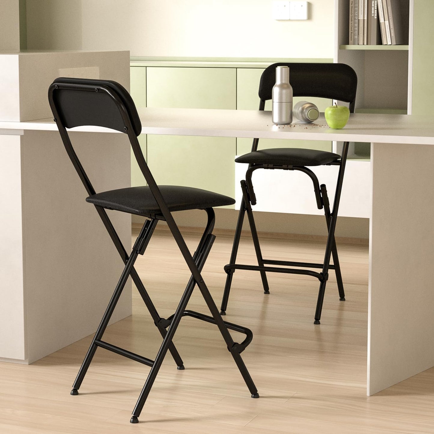 Folding Bar Stool with Backrest,25 Inch Leather Padded Counter Height Foldable Stool,Tall Folding Stool Chair for Gardening Kitchen Shop Cafe, Black (2 Pack)