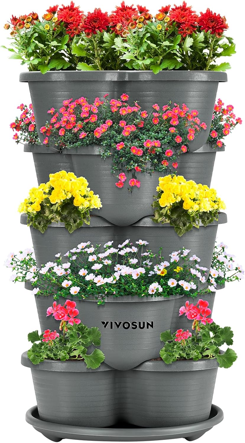 VIVOSUN 5 Tier Vertical Gardening Stackable Planter for Strawberries, Flowers, Herbs, Vegetables, Grey