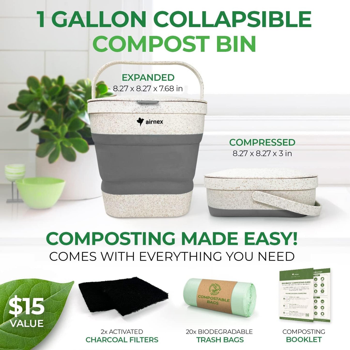 Collapsible Compost Bin Kitchen Counter Caddy - 1 Gallon Countertop Compost Bin with Lid Made of Wheat Straw - Odorless Kitchen Compost Bin Countertop with 20 Compost Bags and 2 Carbon Filters