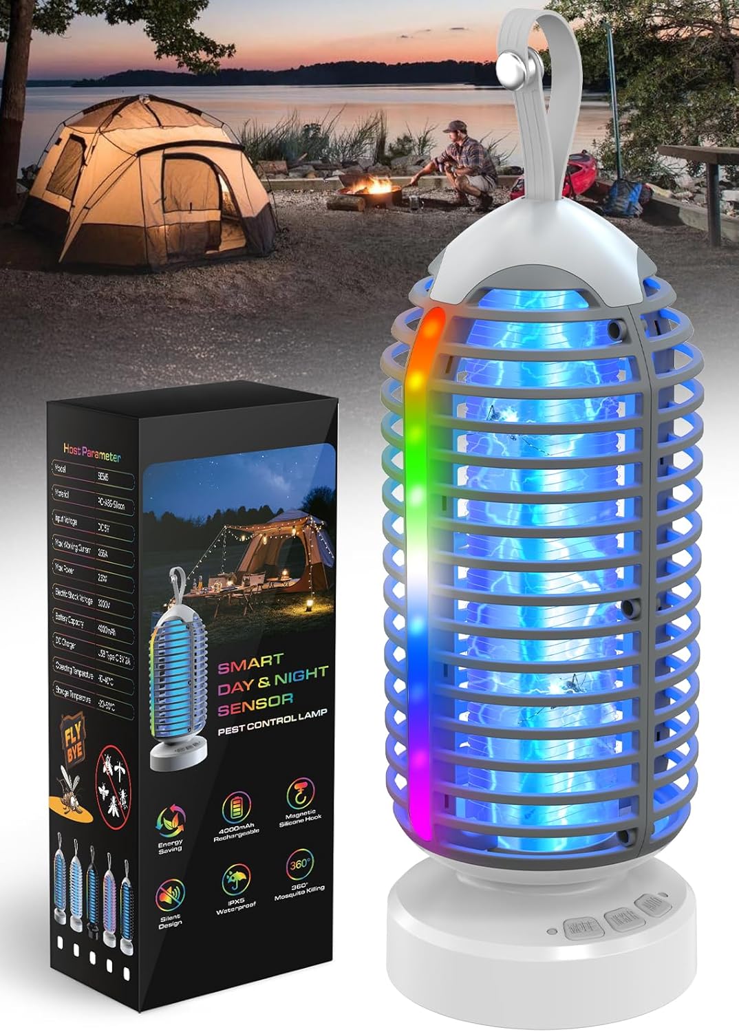 Bug Zapper Outdoor with Marquee Light, Cordless Mosquito Zapper, 4000mAh Rechargeable Electric Bug Zapper Indoor, Auto On/Off Waterproof Mosquito Trap Fly Zapper for Patio Backyard Kitchen Camping