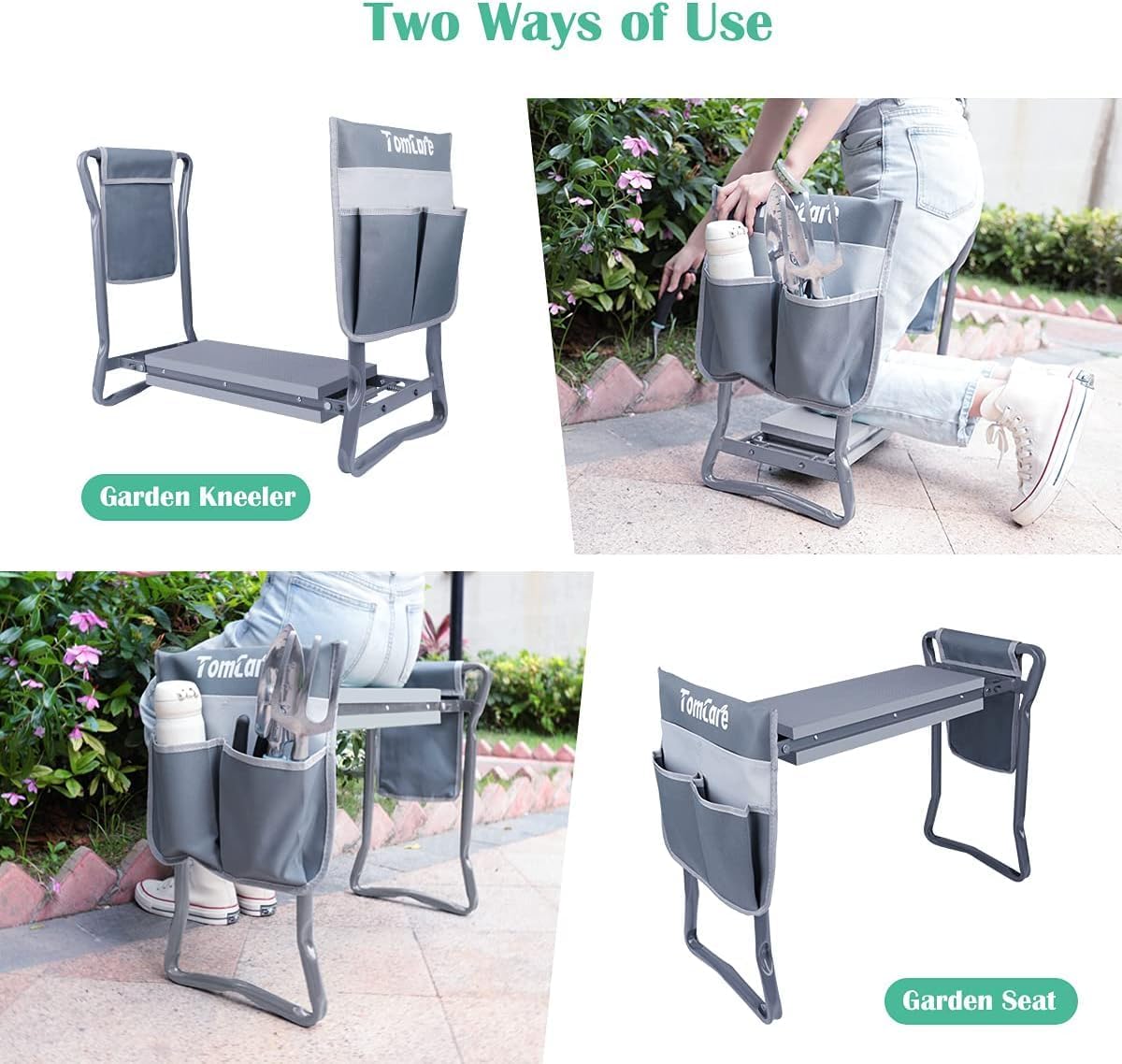 TomCare Garden Kneeler Seat Garden Bench Garden Stools Foldable Stool with Tool Bag Pouch EVA Foam Pad Outdoor Portable Kneeler Christmas Gardening Gifts for Women Men,Large 21.65"x10.62"x18.89",Grey