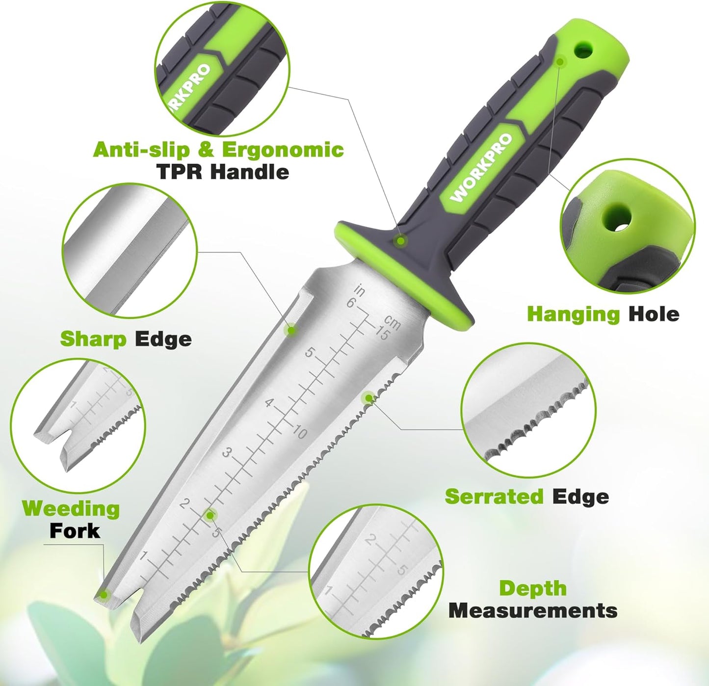 WORKPRO Hori Hori Garden Knife, Garden Tools with Oxford Sheath, 7" Stainless Steel Blade with Cutting Edge, Multi-Purpose Weed Puller tool with Hanging Hole for Planting, Weeding, Digging