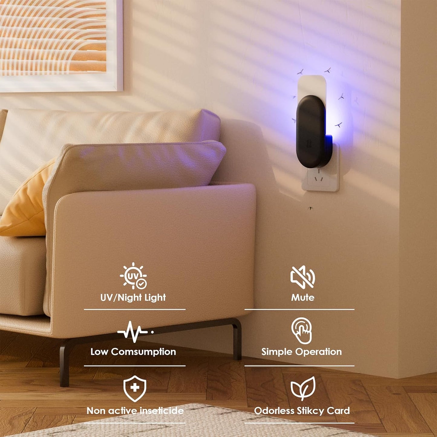 Flying Insect Trap, 2 in 1 Indoor Plug-in Fruit Fly Trap, 4 Trap Black and 24 Glue Cards, Fruit Fly Traps for Gnat, Moth, Mosquito, Suitable for Every Part of The Home