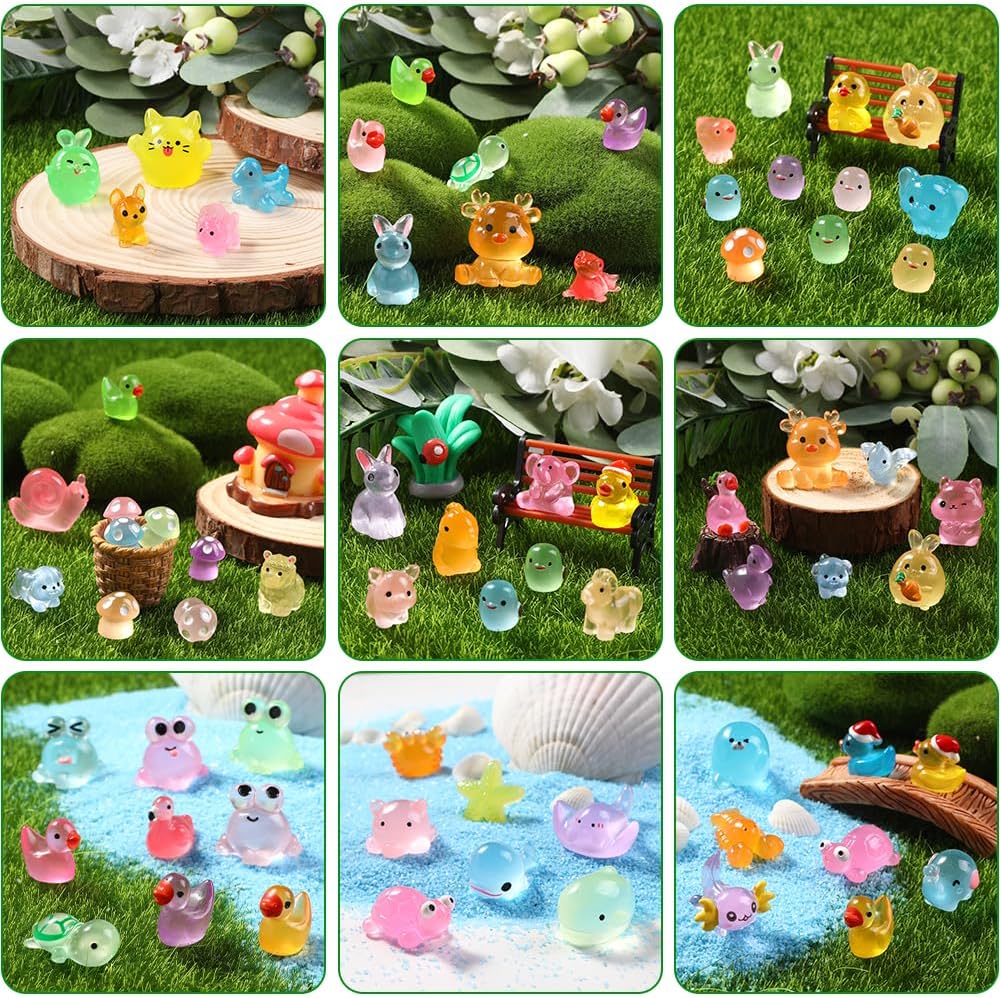 131pcs Luminous Mini Resin Animals, Glow in The Dark Tiny Small Little Animal Ducks Figures to Hide Miniature Figurines for Dollhouse Garden Micro Landscape Aquarium Decorations DIY Crafts