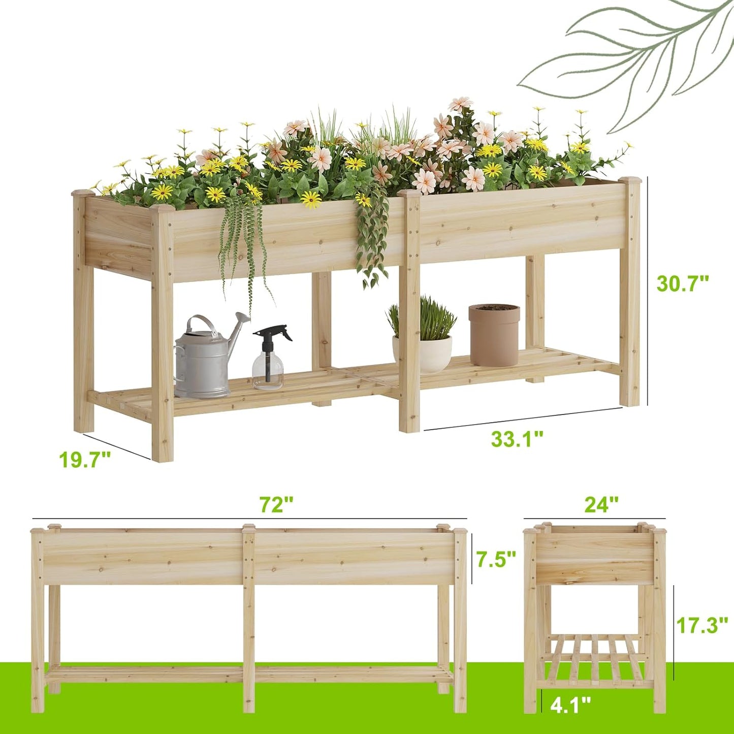 Raised Garden Bed, Planter Box with Storage Shelf, Elevated Wooden Box with Legs, Garden Planter for Backyard, Patio, Balcony, Natural Wood (Natural, L)