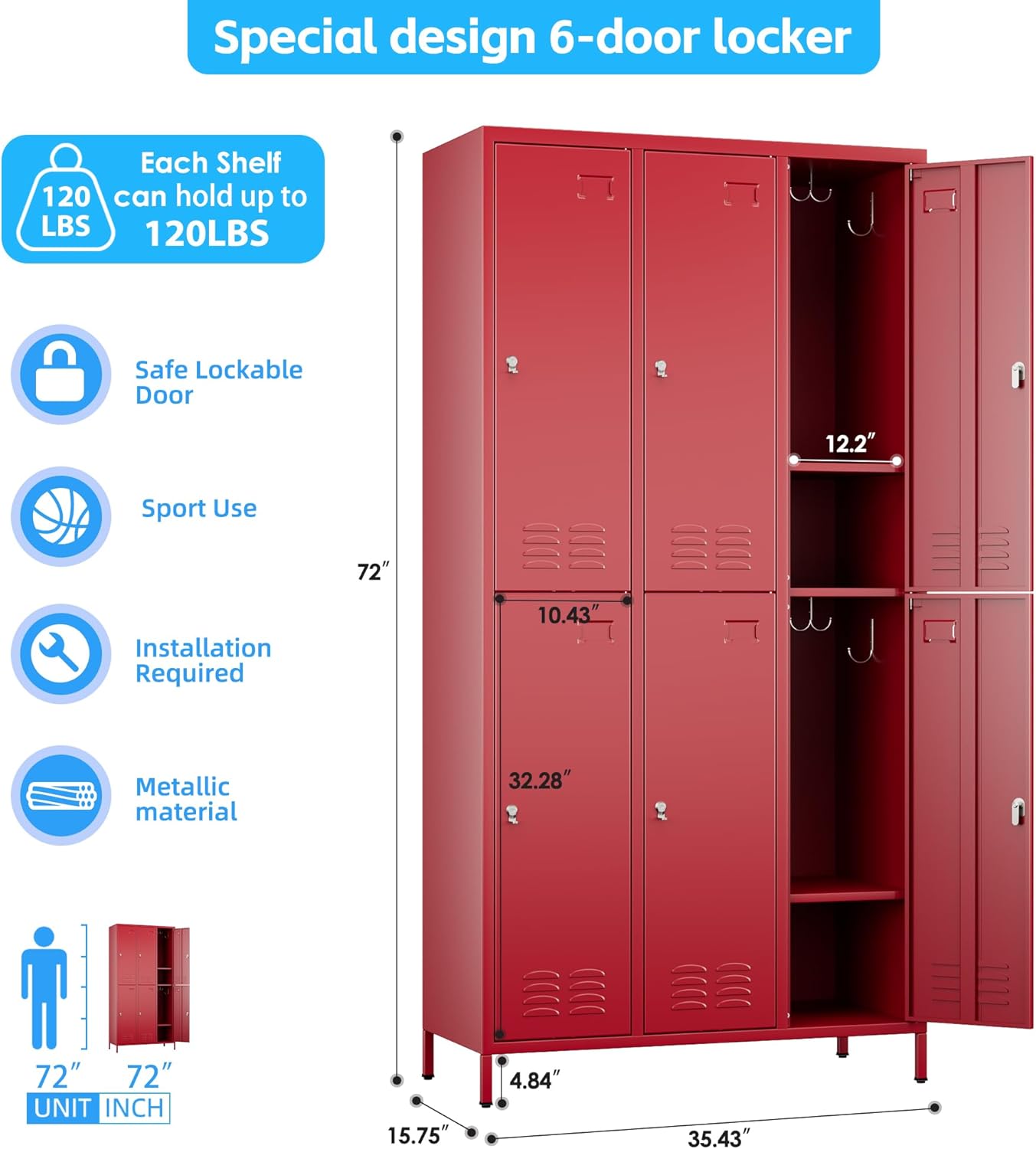 6 Doors Metal Locker Employee with Business Card Holder and 18 Hooks,Metal Locker for Employees with Ventilation Holes for Office Garage Gym Home,Assembly Required,Red