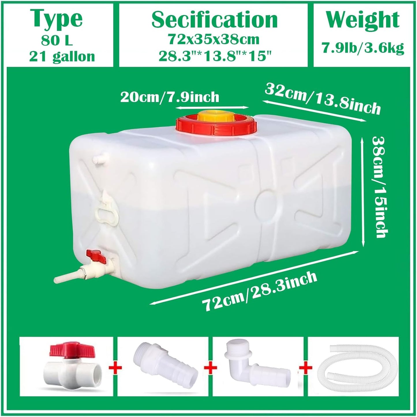 20 Gallon Portable Water Tank with Spigot&Hose, Water Storage Container for Camping, RV, Truck, Emergency Preparedness（Thickening）