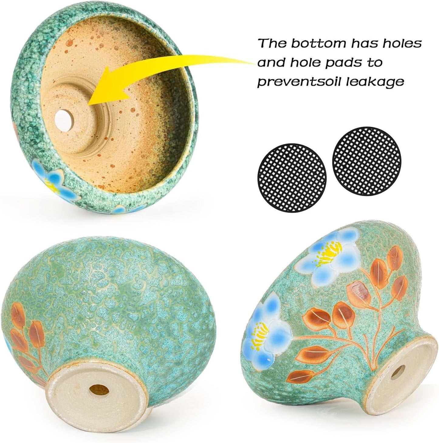 Sungmor 9.6 Inch Large Succulent Plant Pots, Pretty Hand Painted Ceramic Planter with Drainage, Indoor Outdoor Cactus Planter Bonsai Pot, Flower Pot for Indoor Plants Garden Windowsill Desktop Decor