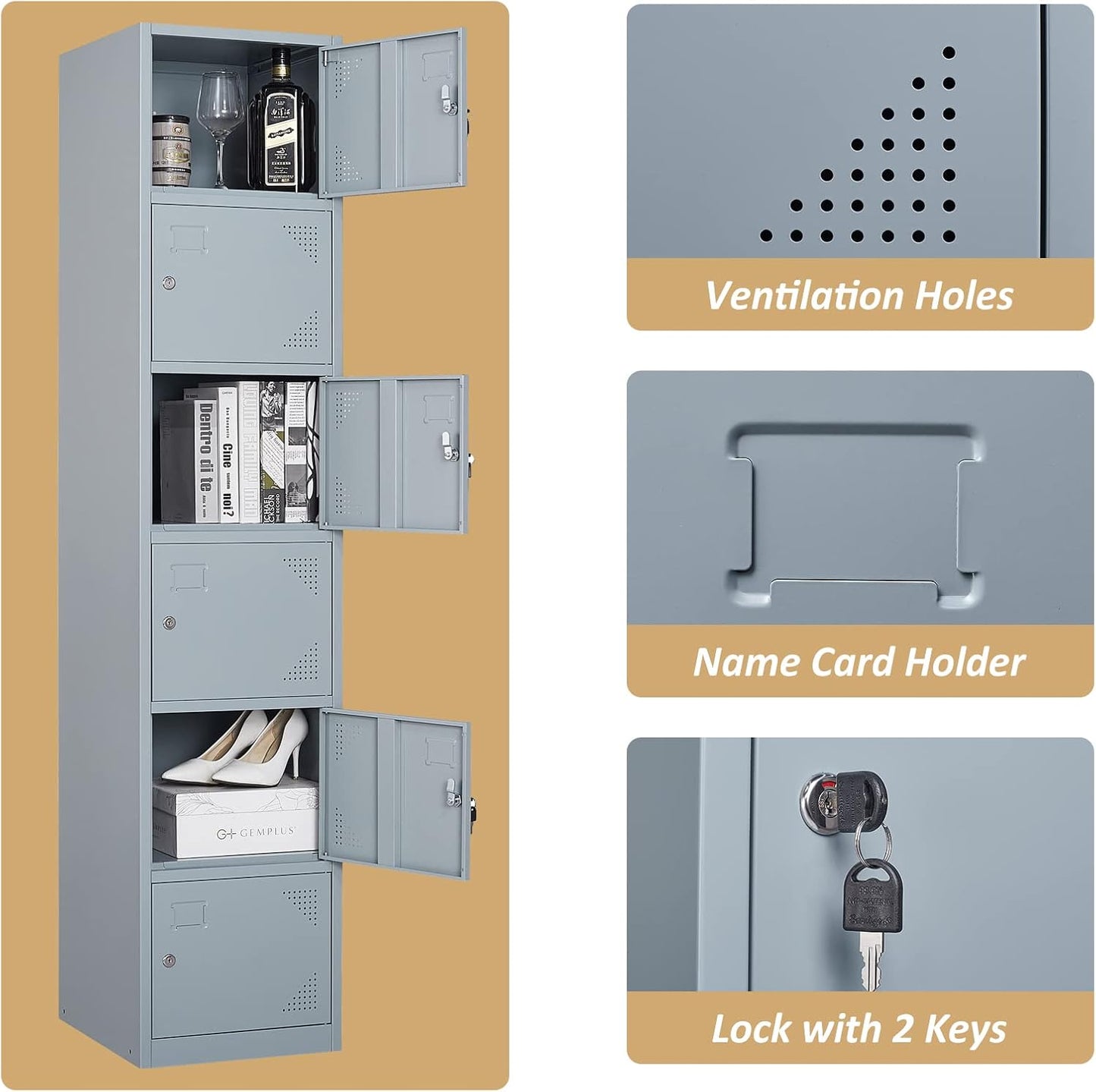 SISESOL Metal Locker Storage Cabinet with Doors and Shelves Metal Lockers with 6 Doors,71" Lockable Small Locker Storage Cabinet for Employees,School, Office, Home, Gym (Gray)