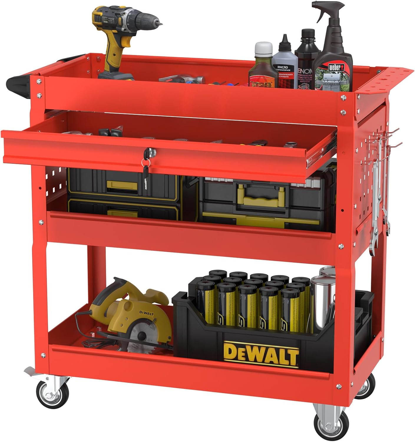 3 Tier Rolling Cart, Heavy Duty Utility Industrial Service Carts on Wheels, Metal Tool Cart with Locked Drawers, Ideal for Garage, Warehouse and Repair Shop（Red）