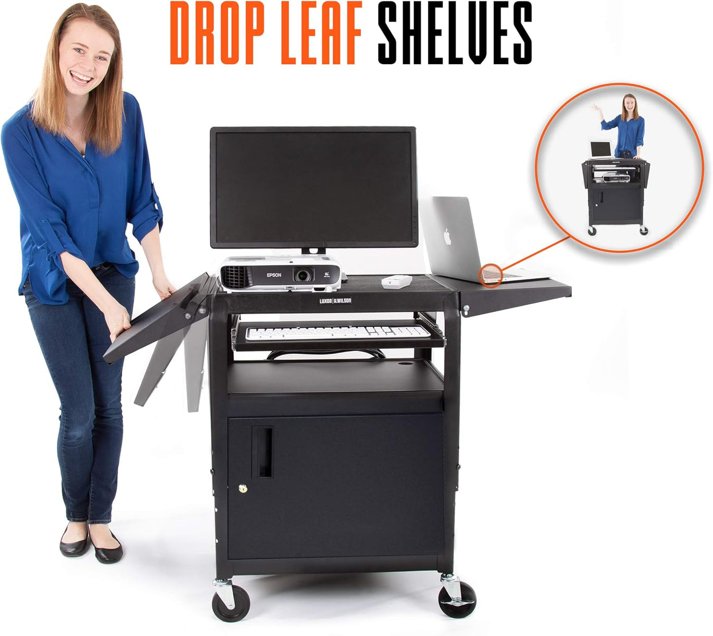 Line Leader Rolling AV Cart with Locking Cabinet, Laptop Stand, and Drop Leaves, Height Adjustable Mobile Utility Cart Workstation with Extra Storage Space, UL-Listed Power Strip (Black / 46 x 18)