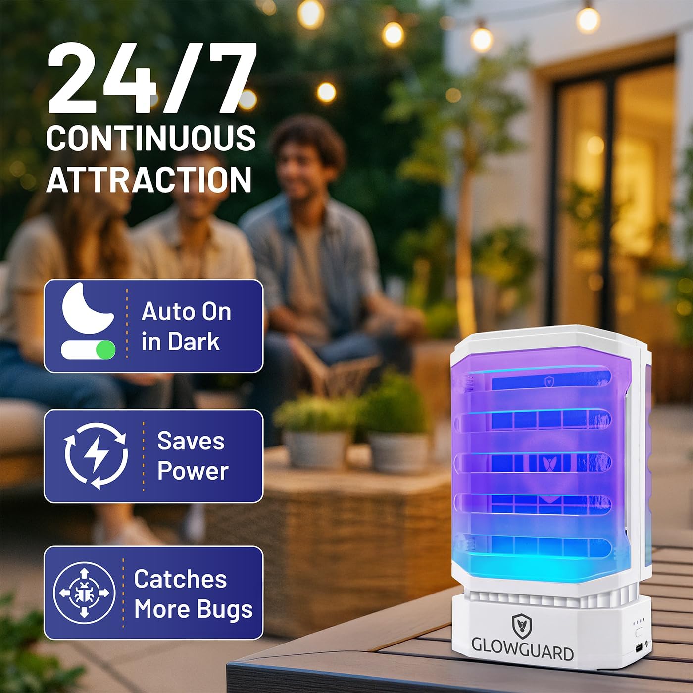GlowGuard Cordless Flying Insect Trap Catches Fruit Flies, Indoor Gnat Killer, Magnet for Moths & Mosquitos in Dark, 1 Rechargeable Bug Trap + 4 Dual-Sided Sticky Pad Refills, 30hr Battery (White)