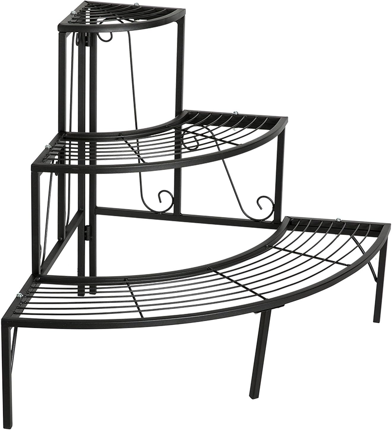 DOEWORKS 3 Tier Plant Stand Flower Pot Rack, Quarter Round Plant Corner Shelf Planters Display Holder orchid shelves for Indoor Outdoor Use, Black