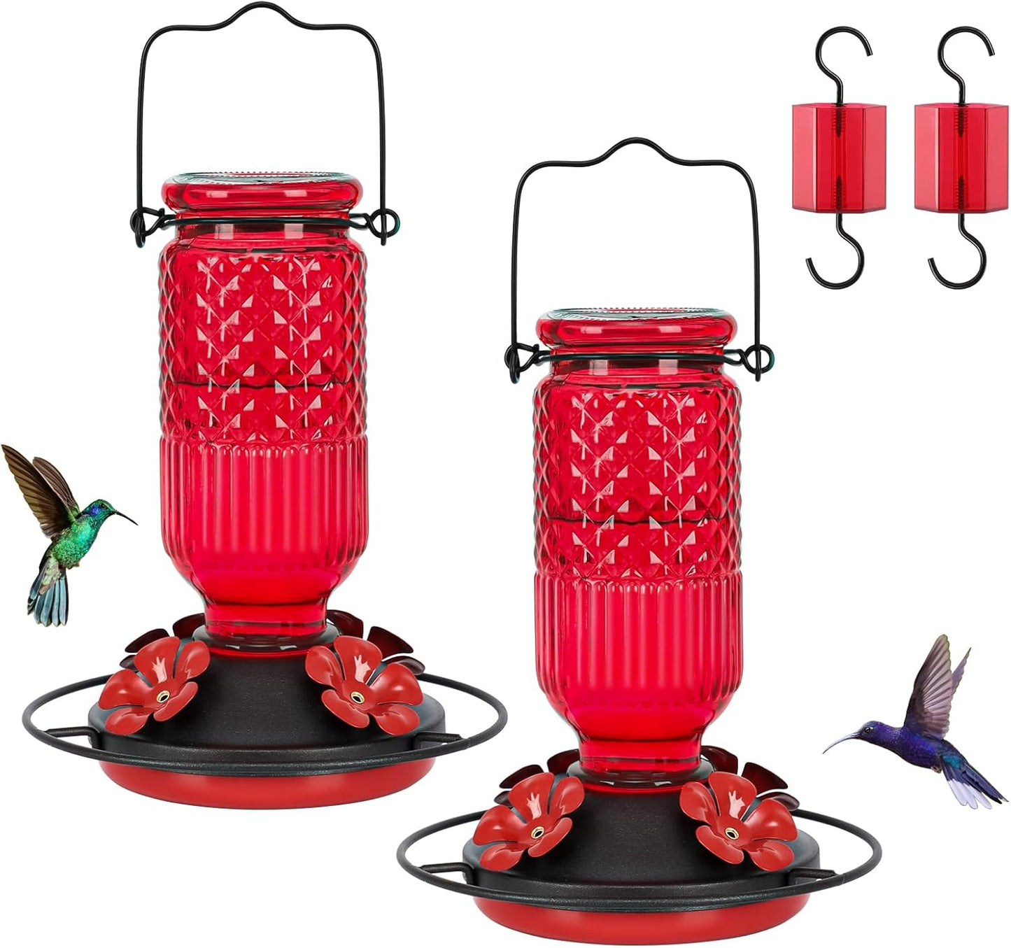 FEED GARDEN Glass Hummingbird Feeder for Outdoors Hanging, 16 OZ Humming Bird Feeders with 4 Bee Guard Feeding Ports & Built-in Ant Moat, Hummingbird Gifts for Mom Bird Feeder for Outside, Red,2 Pack