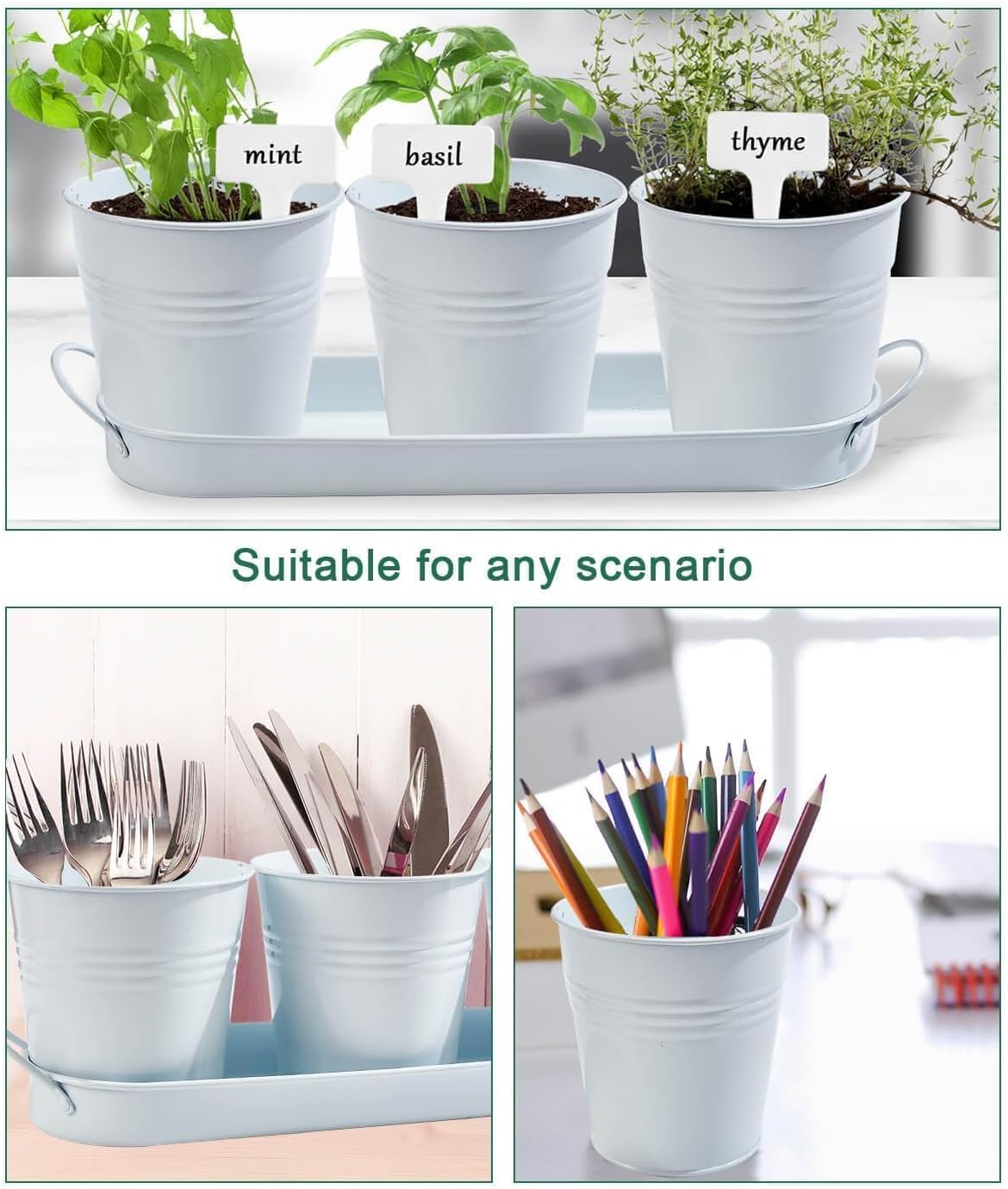 vensovo Indoor Herb Planter Set - Galvanized Windowsill Garden Pots with Tray & Drainage, Set of 3 Metal Window Planters for Kitchen & Outdoor Use, White