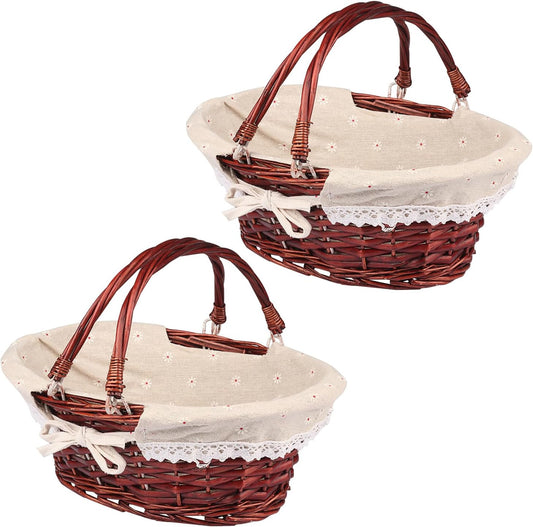 2 Pack Medium Size Wicker Basket with Handle, 12.6x9x4.7 in Wicker Picnic Basket with Liner, Empty Gift Basket, Oval Willow Woven Basket for Fruit, Candy, Wine, Gathering, Wedding, Picnic,by GNIEMCKIN