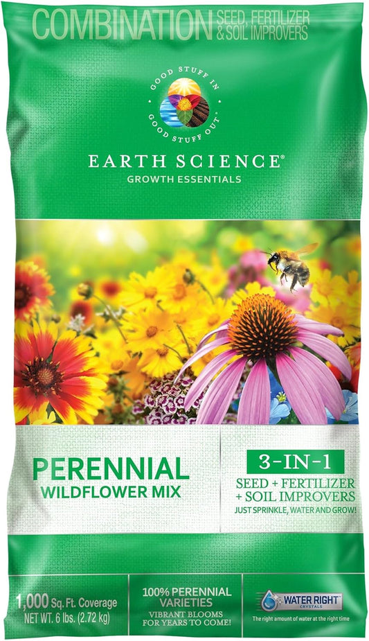 Earth Science Perennial Wildflower Mix - 3-in-1 Formula with Premium Wildflower Seeds—6 lb— Plant Food and Soil Conditioners - Non-GMO, Natural Ingredients